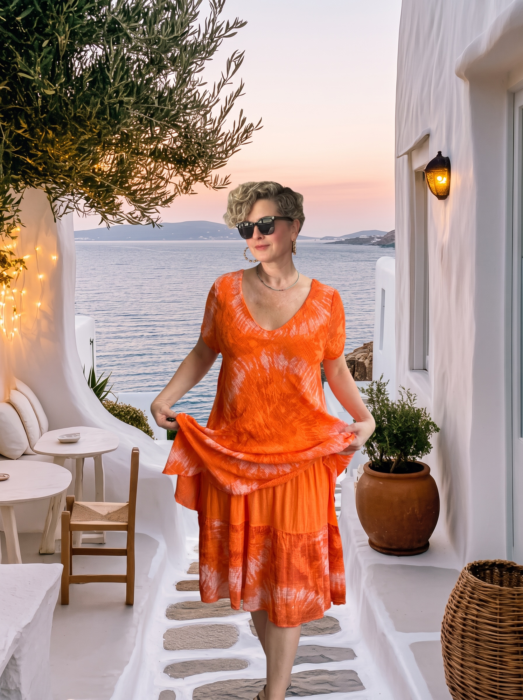 Marry | İtalyan Batik Desenli Kat Kat Volanlı Elbise Orange