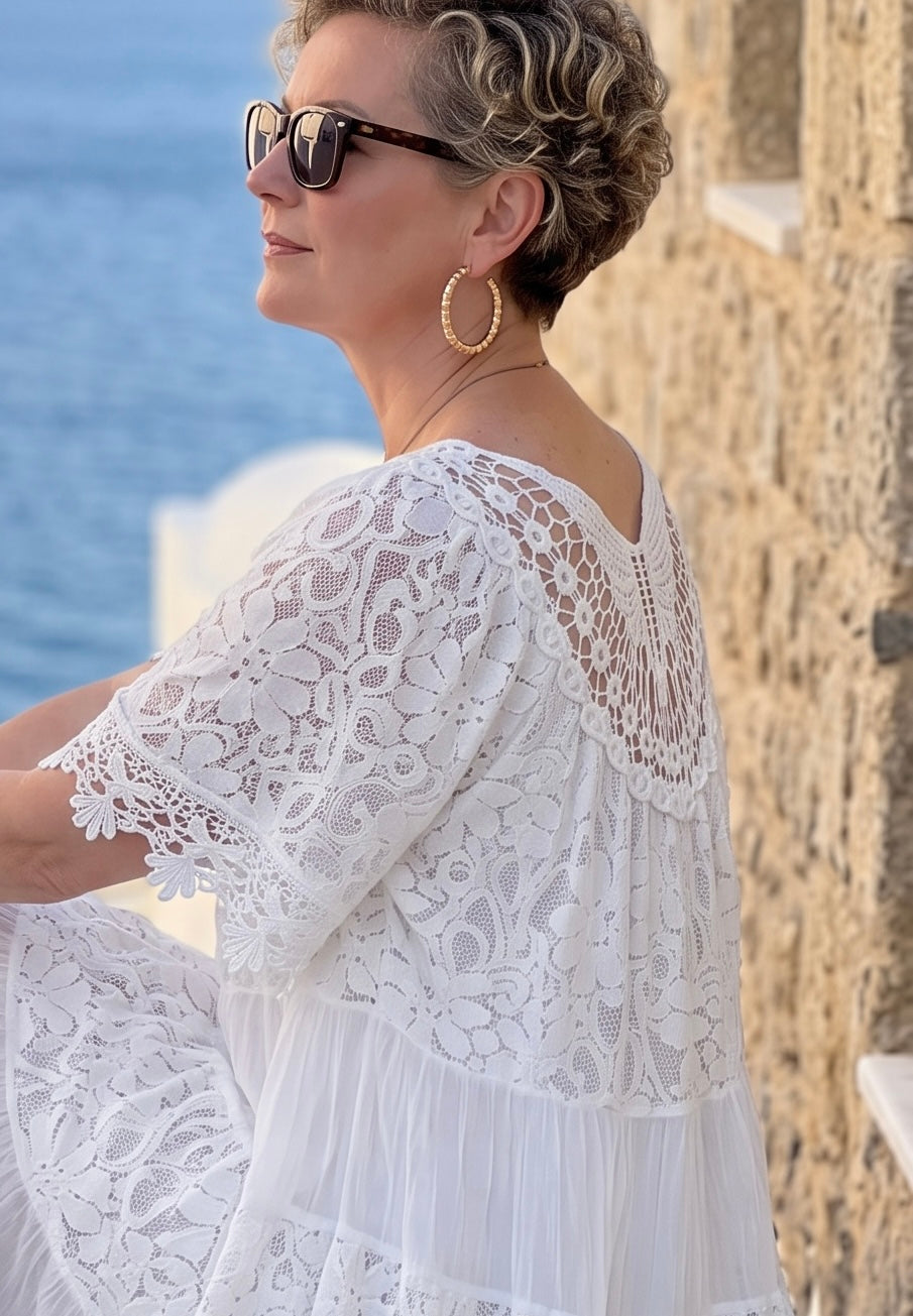 Amore| Dantel Detaylı Katmanlı Vintage Elbise Beyaz