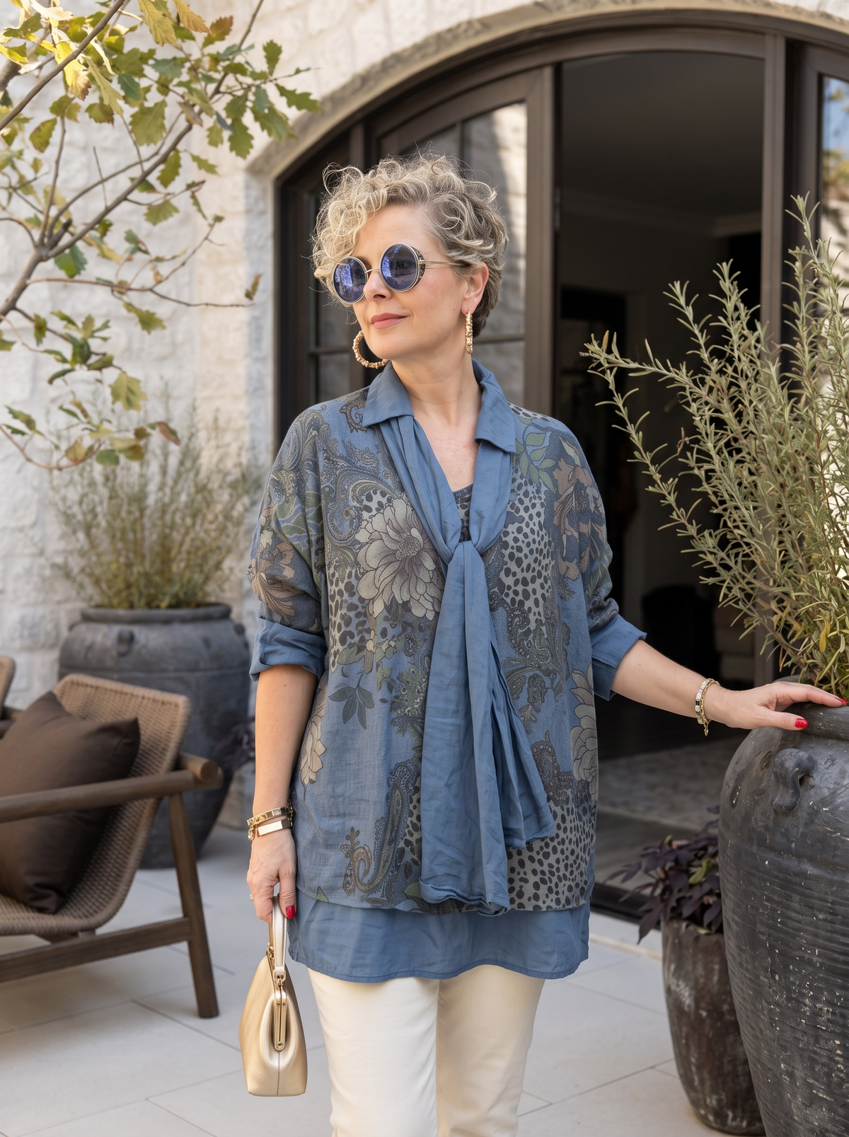 Vesso | İthal 3'lü Takım: Polo Yaka Bluz, Çiçekli Triko & Fular Seti Jeans Mavi