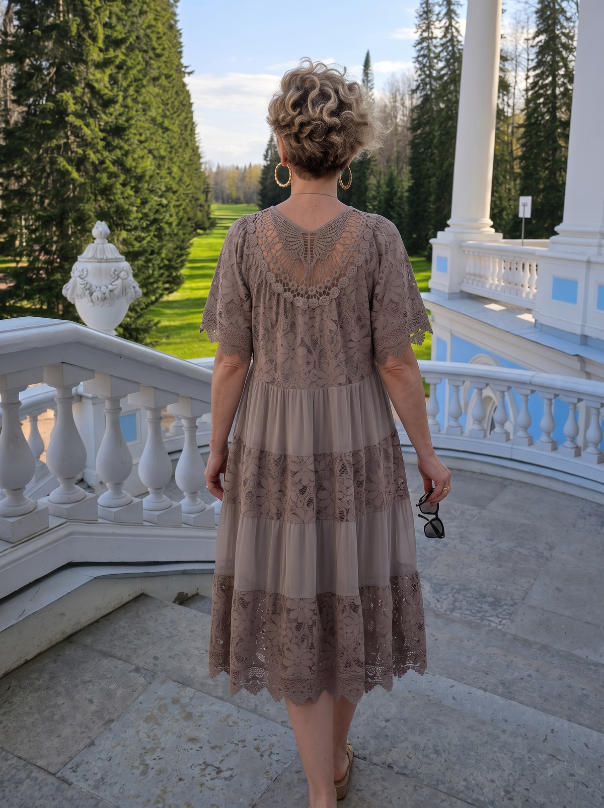 Amore| Dantel Detaylı Katmanlı Vintage Elbise Fango