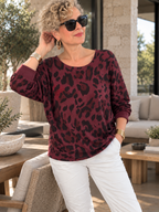 Fenna | İthal Leopar Desen Asimetrik Triko Bluz Bordo