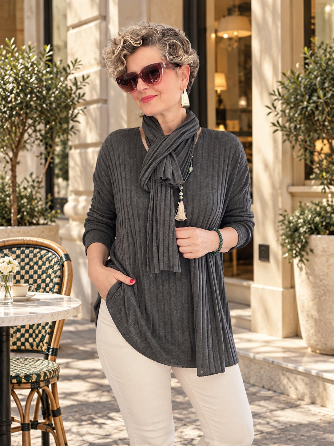 Rossi İtalyan Fularlı Tasarım Triko Bluz Dark Grey