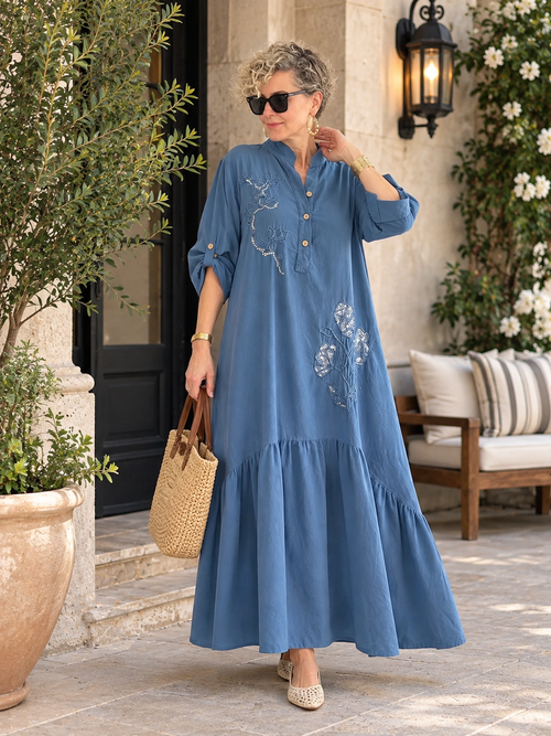 Lecco | İthal %100 Kadife Aplike Nakışlı Maksi Elbise Jeans Mavi