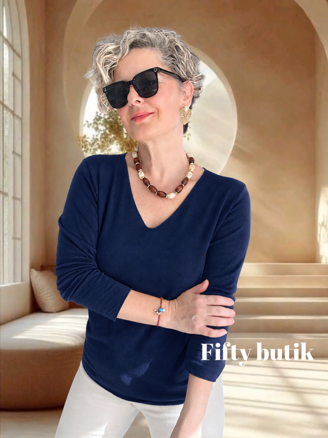 Zanna | İthal Esnek V Yaka Triko Bluz Lacivert görsel 1