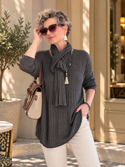 Rossi İtalyan Fularlı Tasarım Triko Bluz Dark Grey