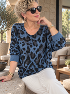 Fenna | İthal Leopar Desen Asimetrik Triko Bluz Jeans Mavi