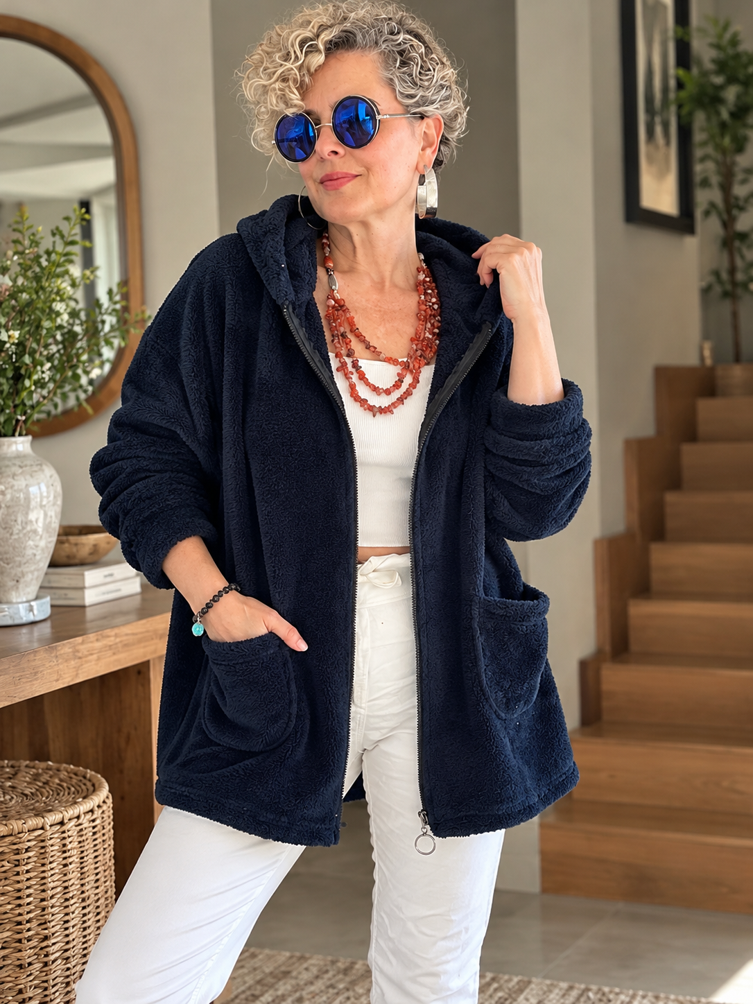 Nessa | Kapüşonlu Oversize Polar Peluş Hırka Lacivert görsel 1