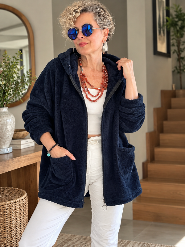 Nessa Salaş Kapüşonlu Oversize Polar Peluş Hırka Lacivert
