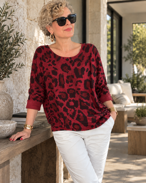 Fenna | İthal Leopar Desen Asimetrik Triko Bluz İndian Red görsel 1