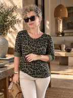 Vera | İthal Leopar Desenli Triko Bluz Haki Yeşil