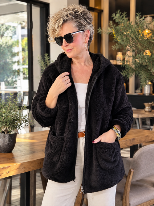 Nessa | Kapüşonlu Oversize Polar Peluş Hırka Siyah görsel 1
