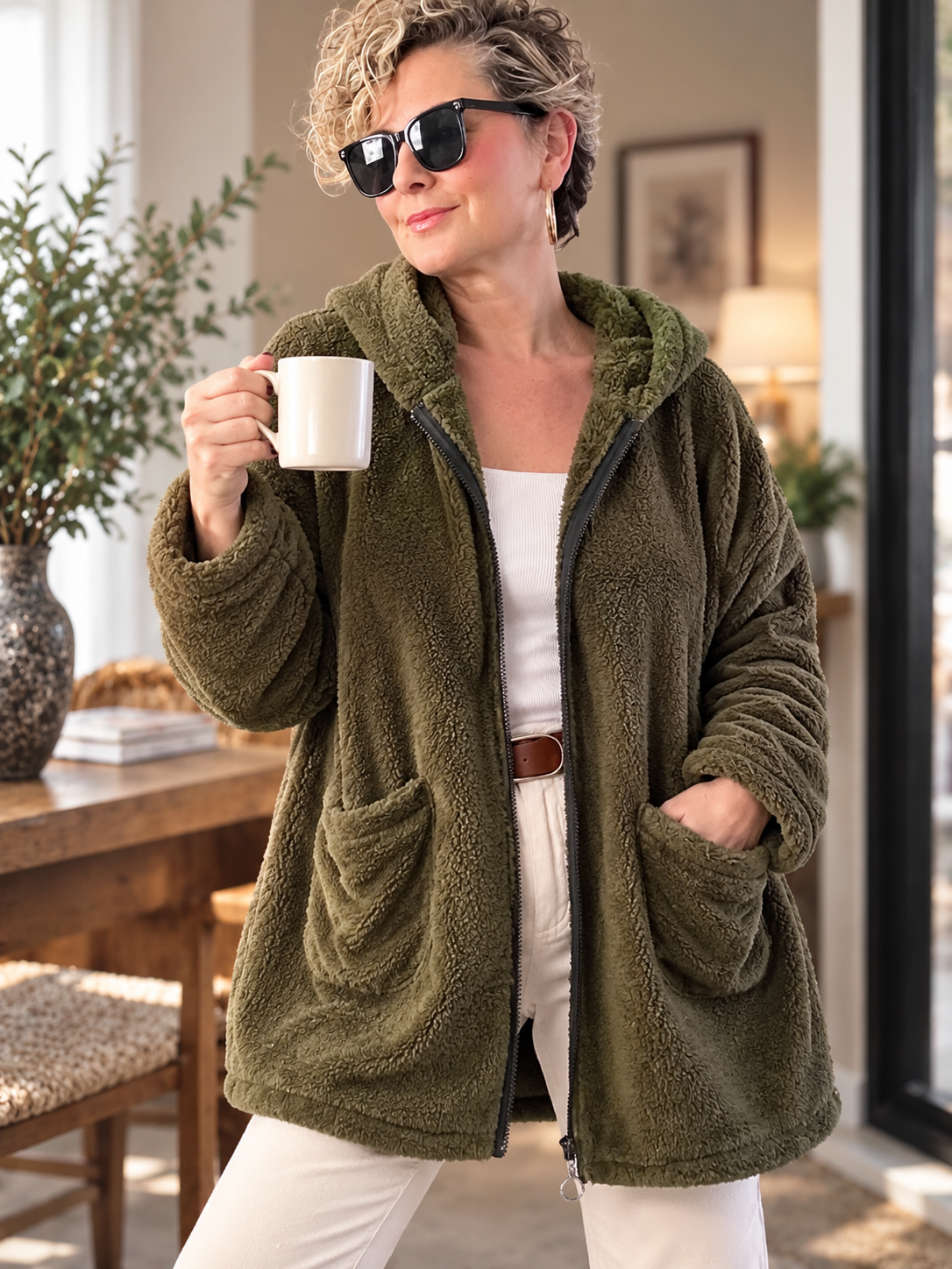 Nessa | Kapüşonlu Oversize Polar Peluş Hırka Haki görsel 2