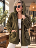 Nessa | Kapüşonlu Oversize Polar Peluş Hırka Haki görsel 1