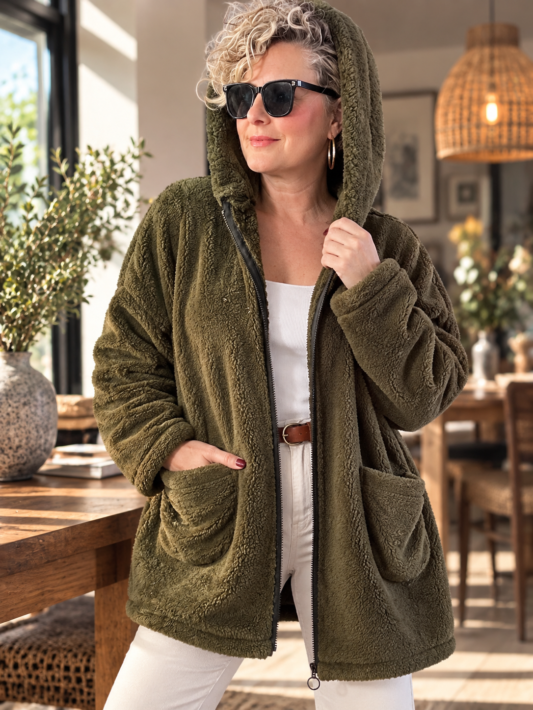 Nessa | Kapüşonlu Oversize Polar Peluş Hırka Haki görsel 1