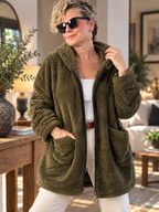 Nessa | Kapüşonlu Oversize Polar Peluş Hırka Haki görsel 3