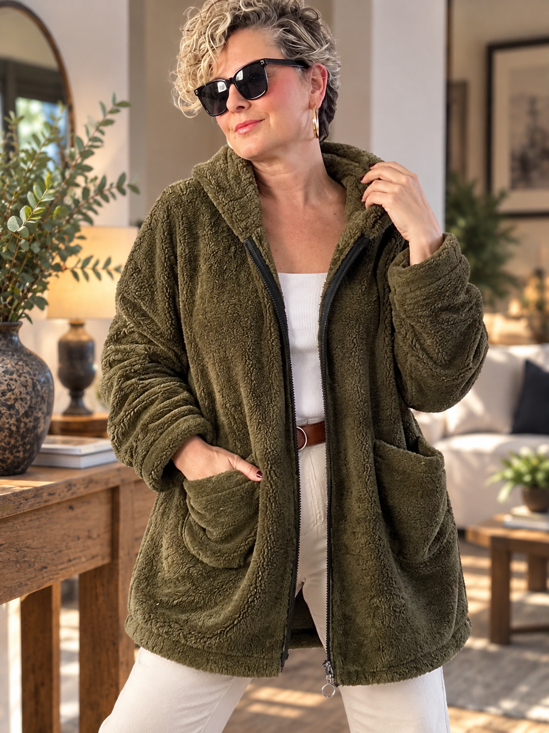 Nessa | Kapüşonlu Oversize Polar Peluş Hırka Haki görsel 3