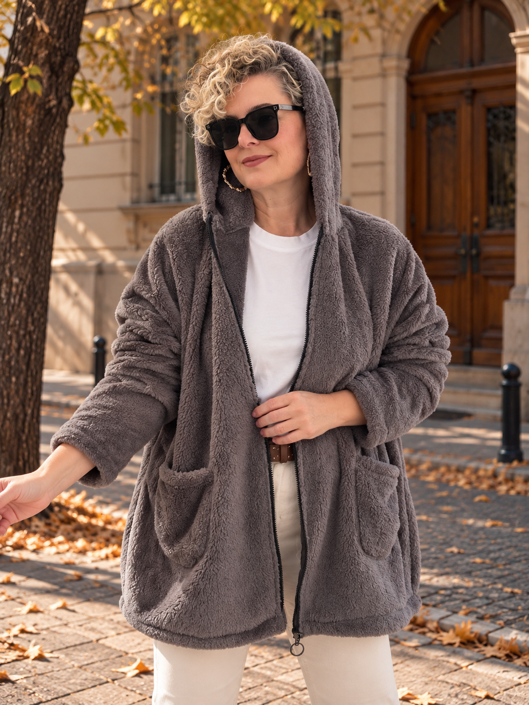 Nessa | Kapüşonlu Oversize Polar Peluş Hırka Gri görsel 2
