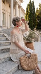 Zecca İtalyan Brode Nakışlı  Askılı Midi Elbise Beige