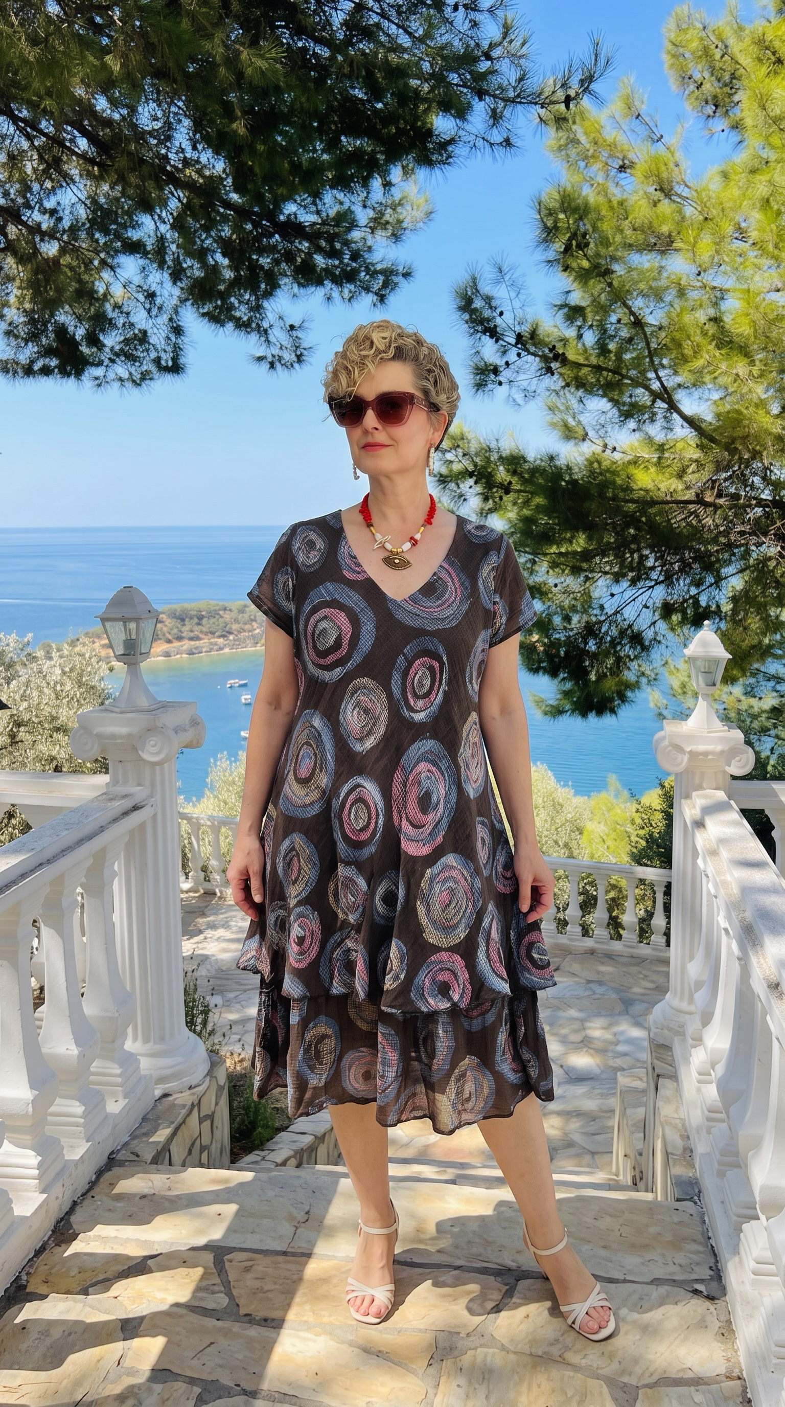 Kalli | İtalyan Spiral Desenli Kat Kat Volanlı Elbise Moro