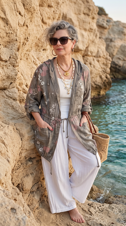 Vinci %100 Linen Kapüşonlu Çiçek Desenli Tasarım Ceket Fango - Fifty Butik