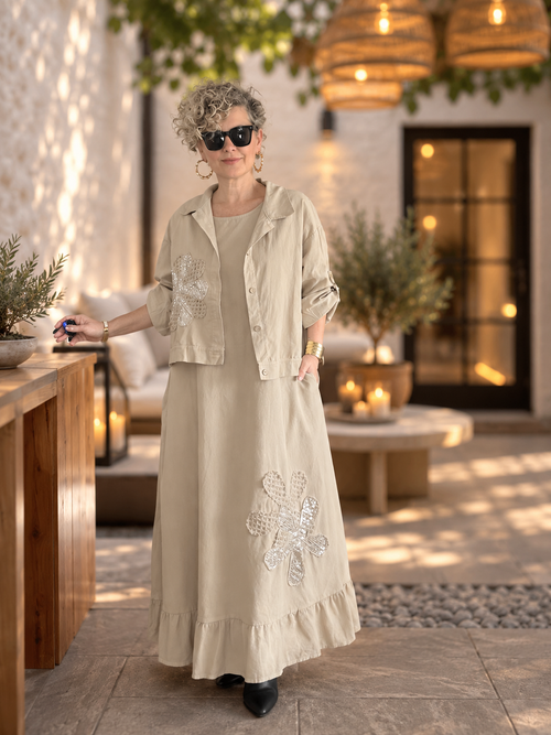 Lissa| İthal %100 Kadife Ceket & Kolsuz Elbise Takım Papatya Beige