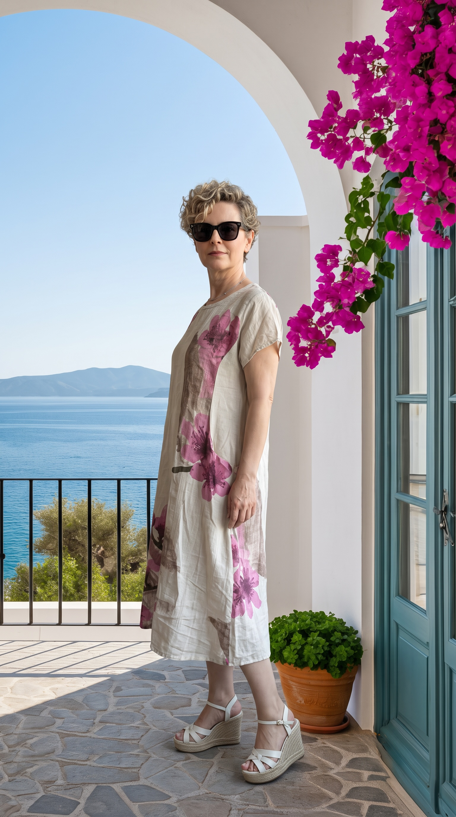 Omrrum | İtalyan Çiçek Desenli Yan Cepli Tunik Elbise Beige