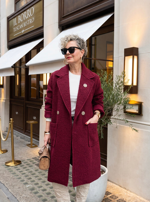 Mella | İthal Broş Detaylı Buklet Dokulu Keçe Uzun Kaban Bordo