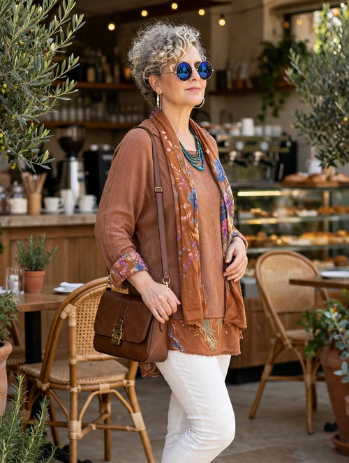 Simma | İthal 3'lü Polo Yaka Bluz, Düz Triko & Çiçek Desenli Fular Takım Terracotta