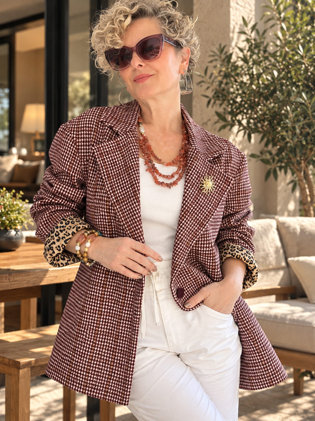 Leon | İthal Leopar Astarlı Ekose Blazer Ceket Bordo görsel 1