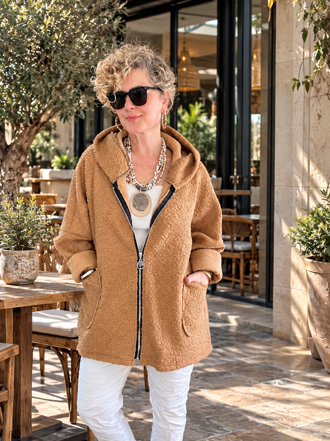 Lilly | İthal Buklet Kapüşonlu Asimetrik Mont Camel görsel 1