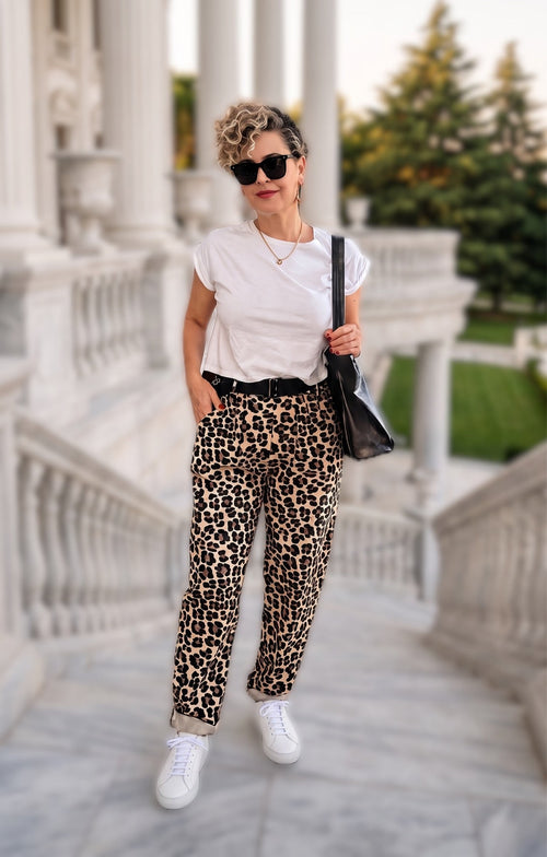 Senly İtalyan Leopar Kemerli Pantolon Bej