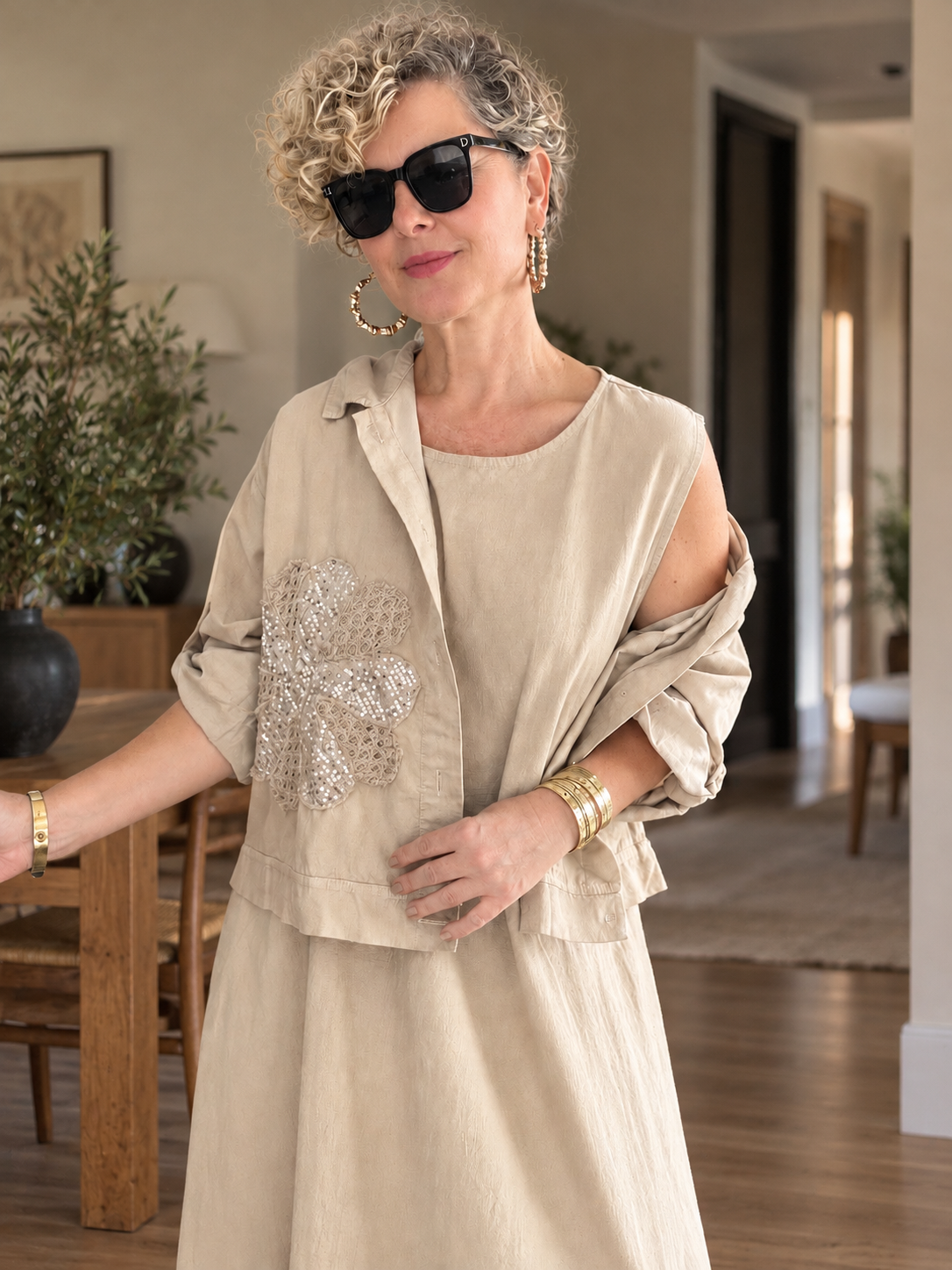 Lissa| İthal %100 Kadife Ceket & Kolsuz Elbise Takım Papatya Beige