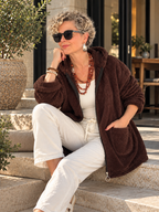 Nessa | Kapüşonlu Oversize Polar Peluş Hırka Kahverengi