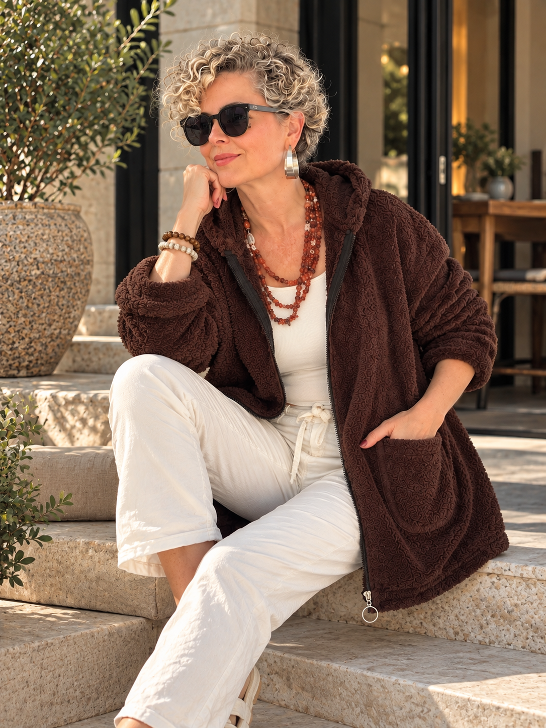 Nessa | Kapüşonlu Oversize Polar Peluş Hırka Kahverengi