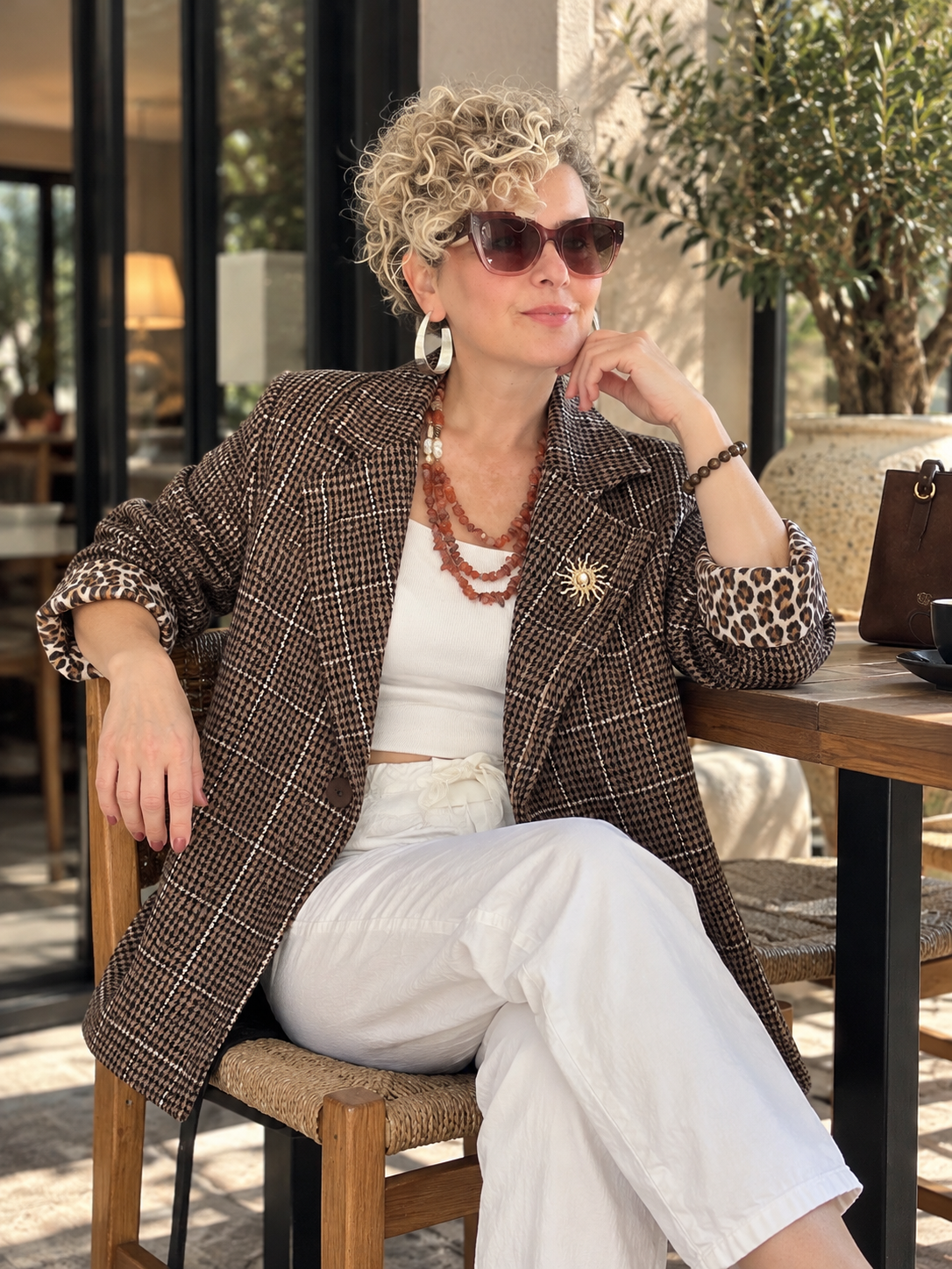 Leon | İthal Leopar Astarlı Ekose Blazer CeketKahve görsel 3