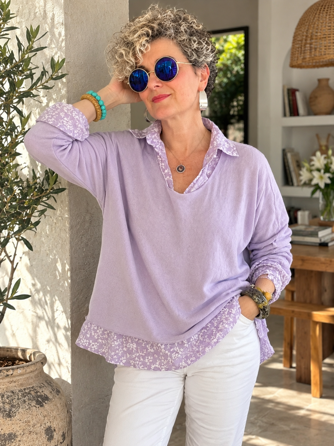 Femme İthal 3'lü Takım | Polo Yaka Bluz, Düz Triko & Fular Seti Lilac görsel 1