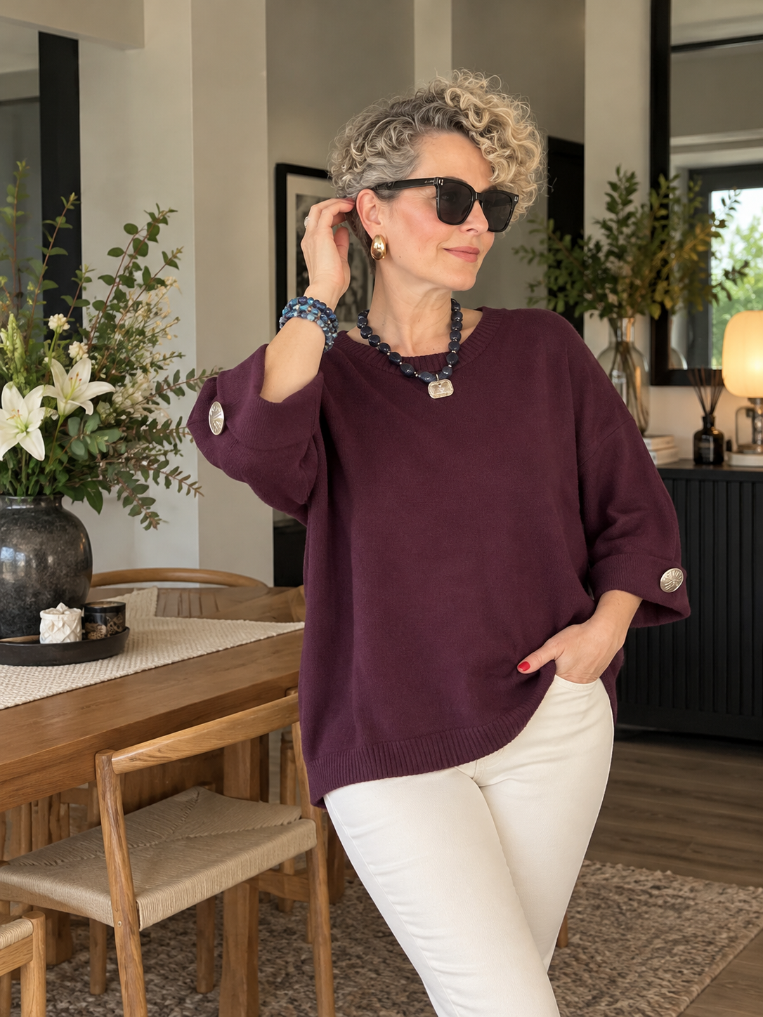 Macca | Düğme Detaylı Asimetrik Triko Bluz Mürdüm görsel 1