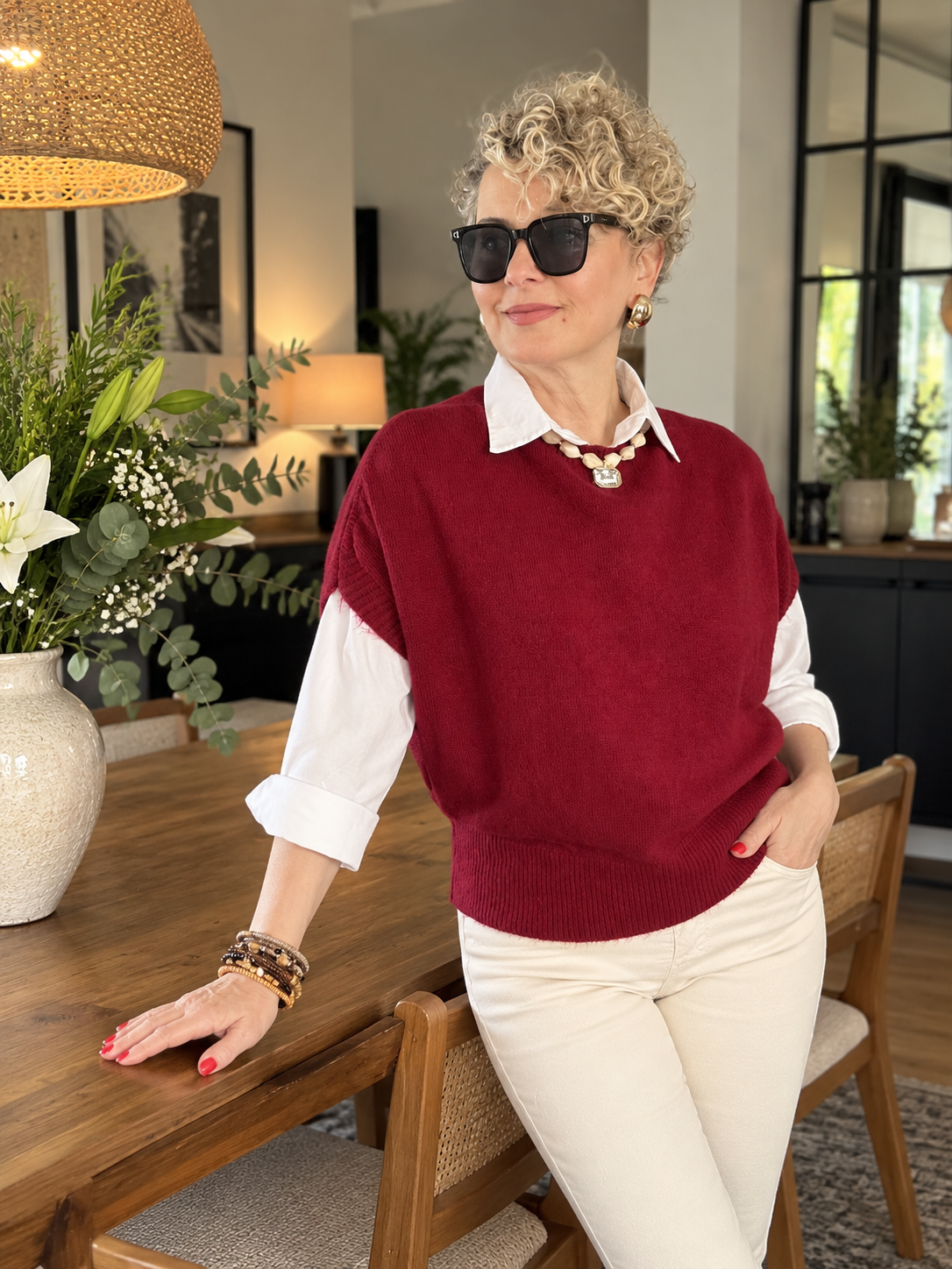 Sisse | Oversize Düşük Omuz Kolsuz Triko Bluz Bordo görsel 3