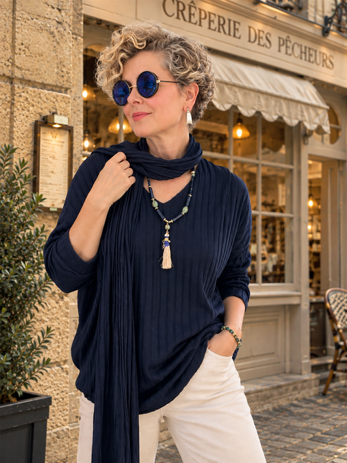 Rossi İtalyan Fularlı Tasarım Triko Bluz Navy görsel 4