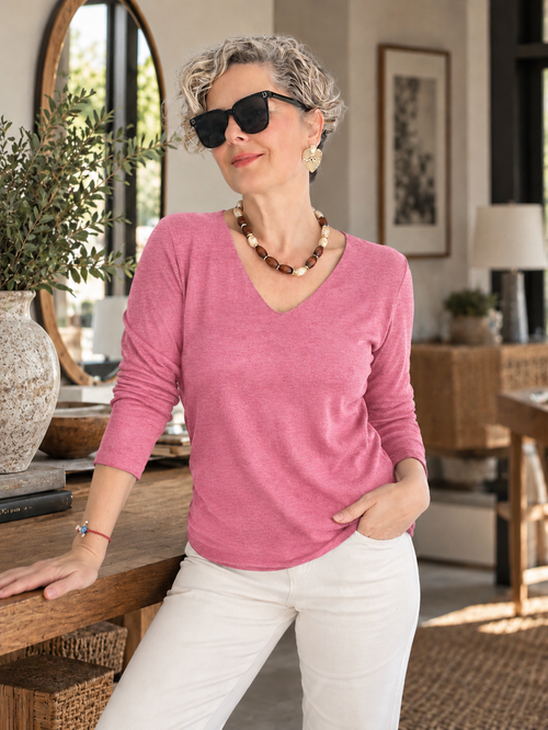 Zanna | İthal Esnek V Yaka Triko Bluz Light Pink görsel 1