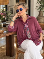 Simma | İthal 3'lü Polo Yaka Bluz, Düz Triko & Çiçek Desenli Fular Takım Amaranth görsel 2