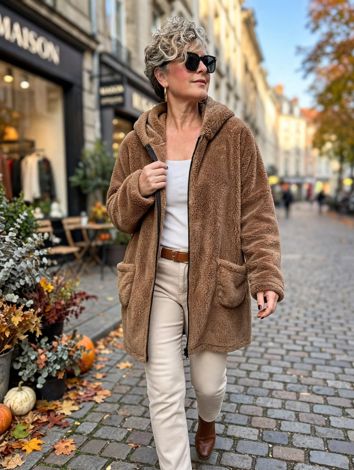 Nessa | Kapüşonlu Oversize Polar Peluş Hırka Coffy görsel 1