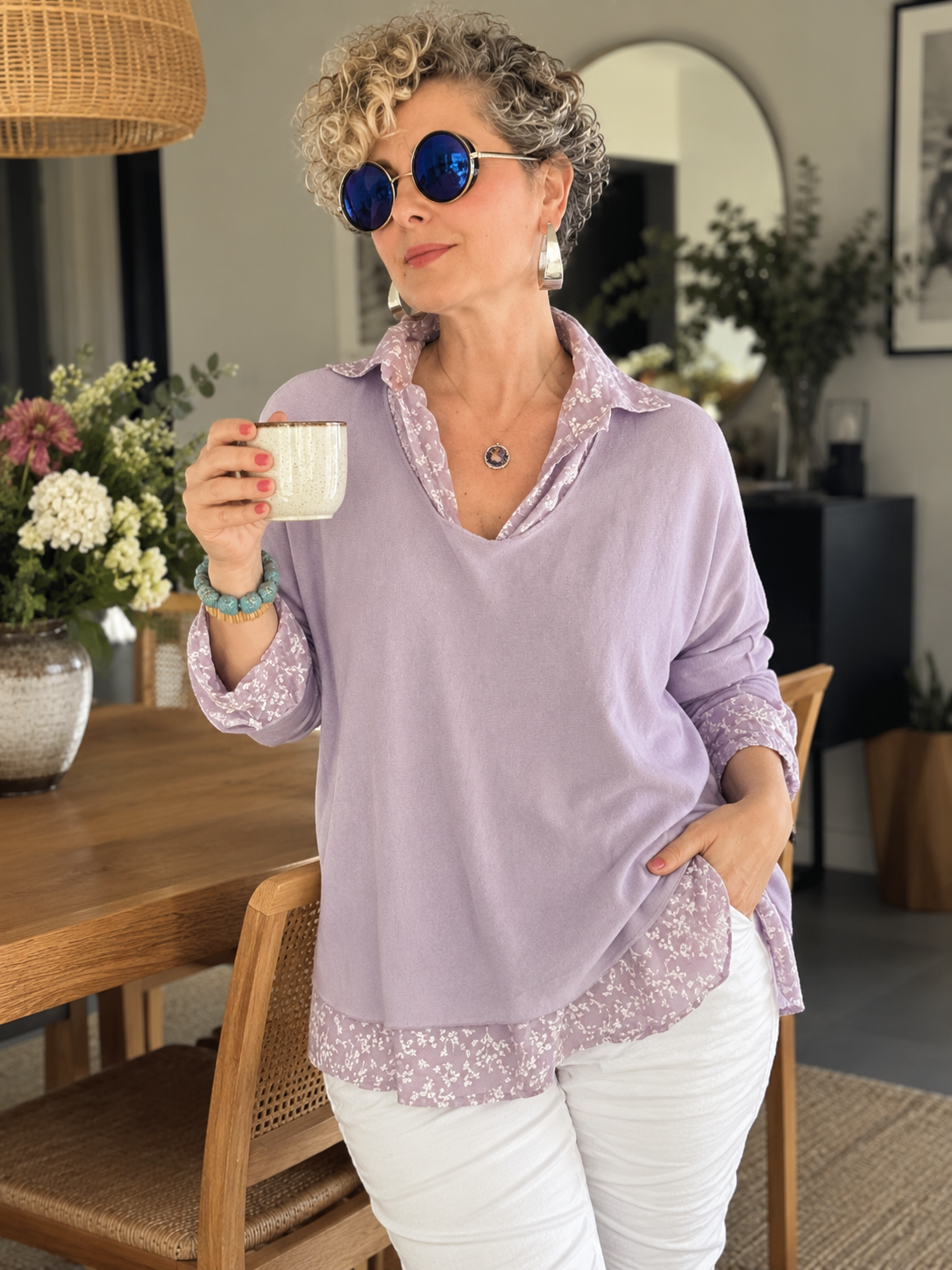 Femme İthal 3'lü Takım | Polo Yaka Bluz, Düz Triko & Fular Seti Lilac görsel 2