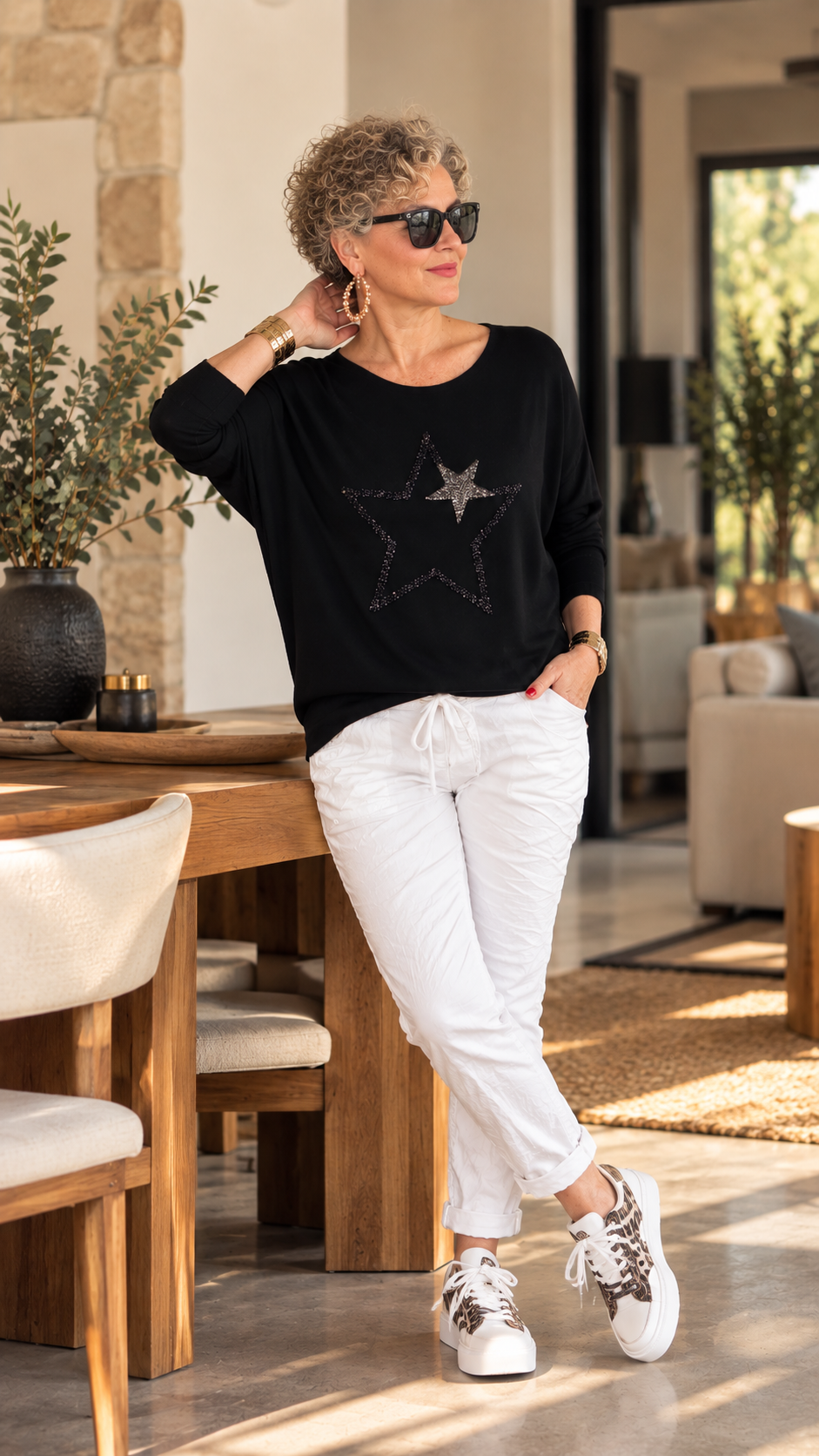 Rima | İthal Çift Yıldız Detaylı Dökümlü Triko Bluz Black görsel 3