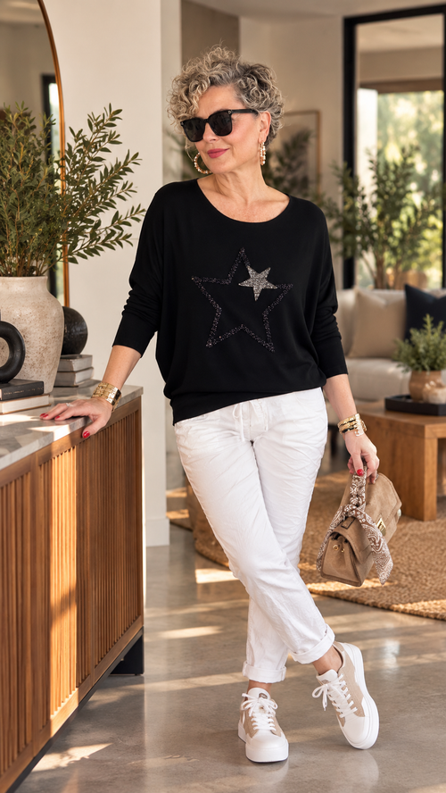 Rima | İthal Çift Yıldız Detaylı Dökümlü Triko Bluz Black görsel 1