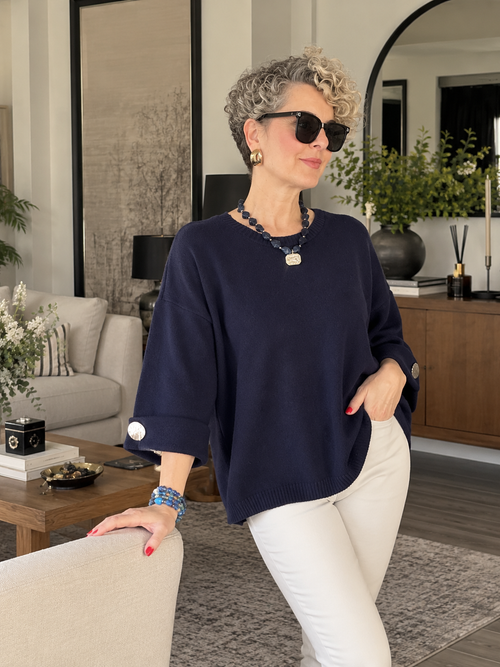 Macca | Düğme Detaylı Asimetrik Triko Bluz Lacivert görsel 1