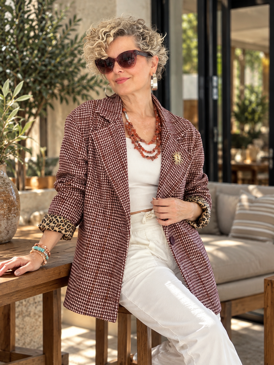 Leon | İthal Leopar Astarlı Ekose Blazer Ceket Bordo görsel 2