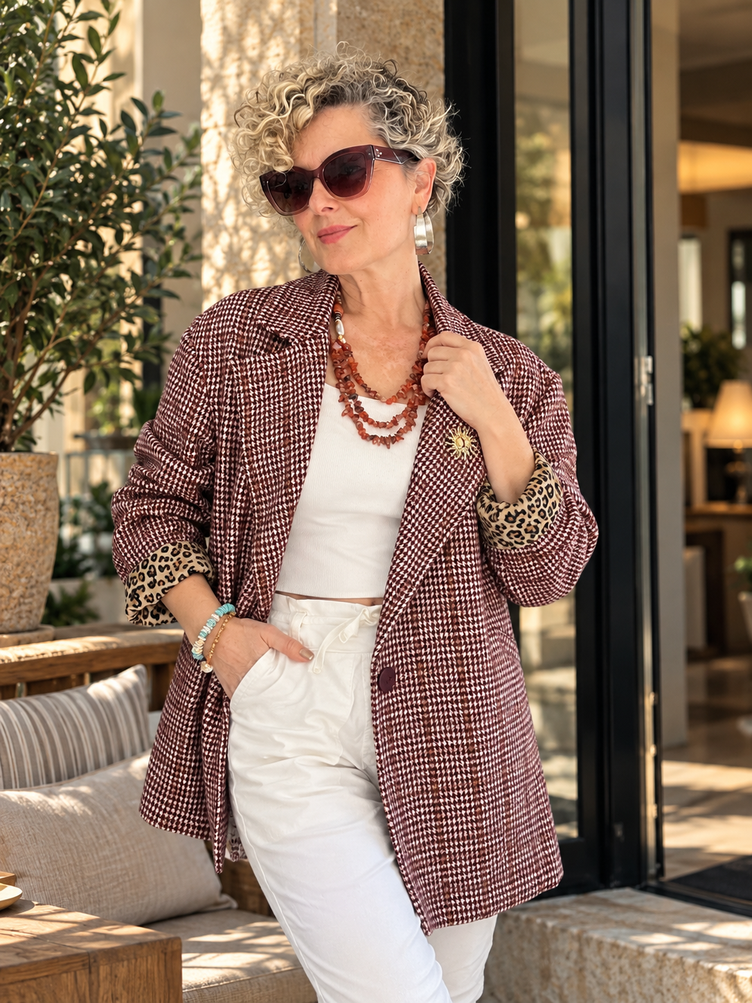 Leon | İthal Leopar Astarlı Ekose Blazer Ceket Bordo görsel 3