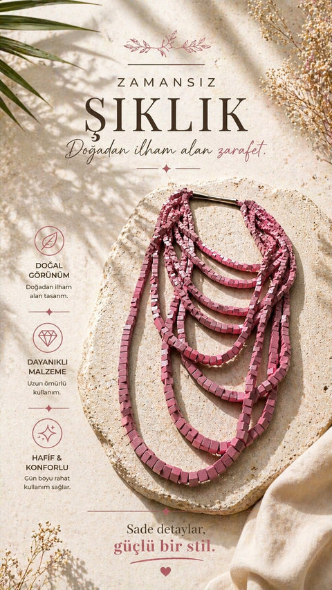 Açık Pembe Tahta Otantik Sekiz Sıra Kolye