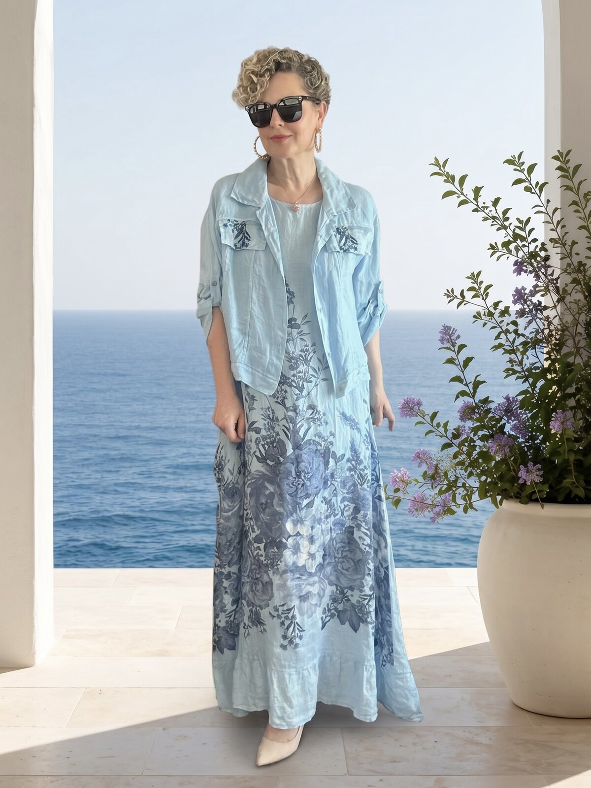 Amentes| İthal %100 Linen Ceket & Kolsuz Elbise Takımı Bebe Mavi